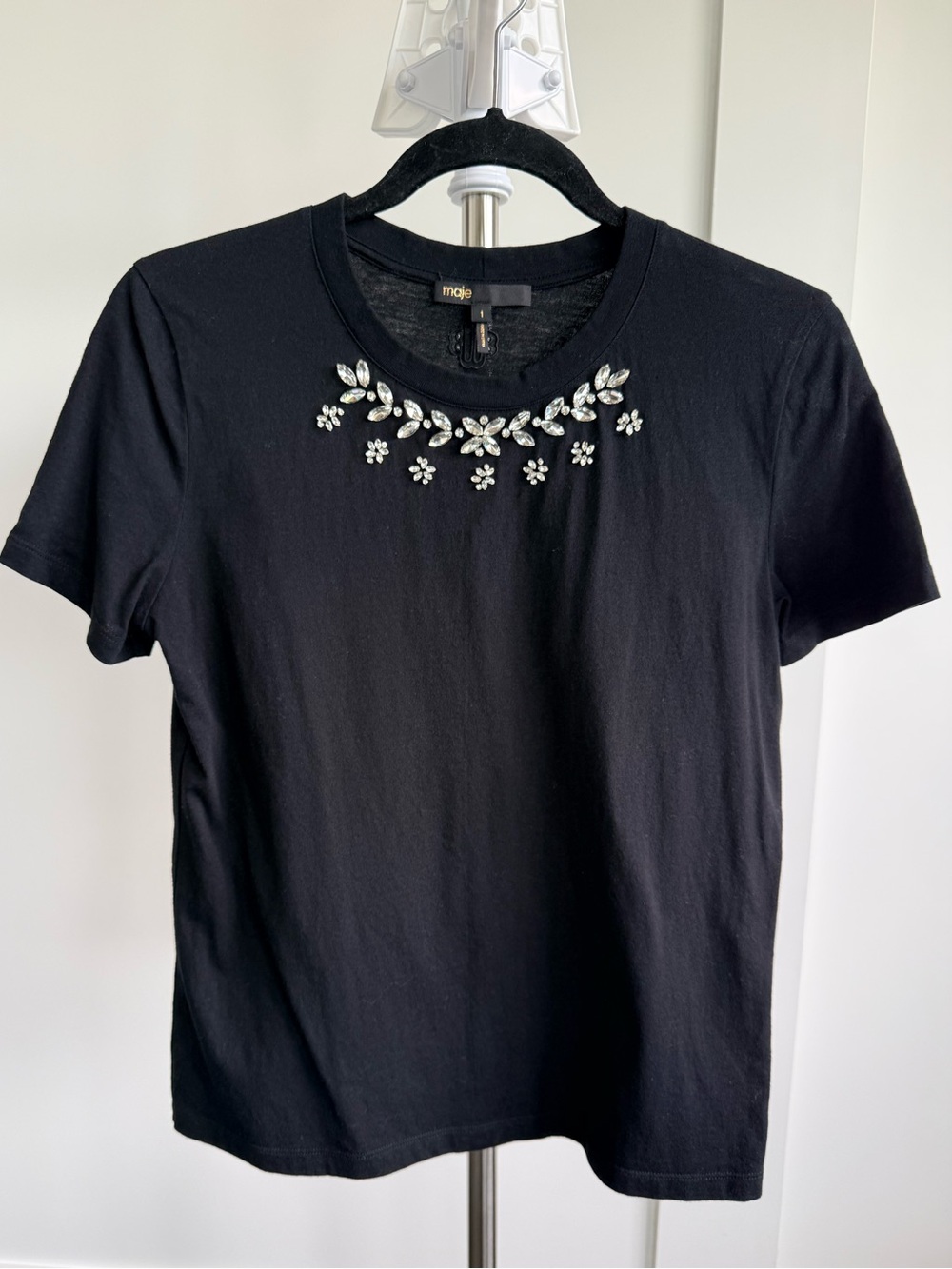 Maje Black Tee with Crystal Floral Necklace